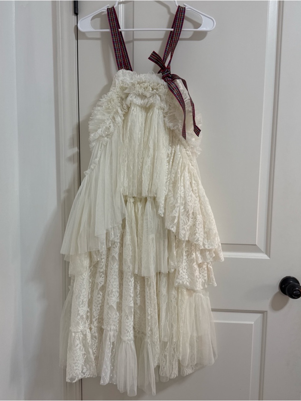 Free People Cream Lace & Tulle Maxi Dress with Red Plaid Ribbon Straps